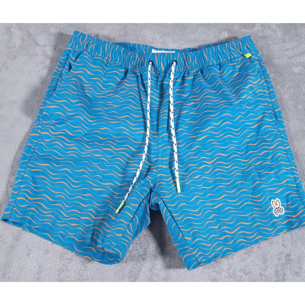 Psycho Bunny Swim Trunks Medium M Blue Orange Wavy Bunny Logo Shorts Mesh Lined
